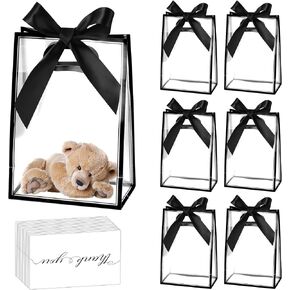 GAWBYET 24 Pcs Clear Plastic Gift Bags with Handles, Reusable Party Favor Bags With ribbons and cards for Mother's Day, Birthday, Wedding,Bachelorette Party,(7 x 10 x 3.15 Inch)