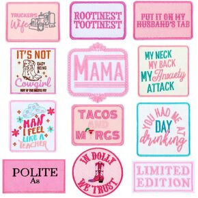 Lyrow 12 Pcs Funny Trucker Hat Patches Iron on Large Humor Embroidered Pink Vintage Patch Preppy Applique for Girl Women DIY Decorative Supplies(Classic)