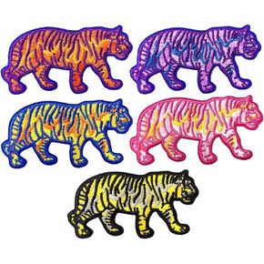 Iron On Embroidery Patches Tiger Cool Embroidered Appliques Fashion Badge Colorful Sew On Accessories DIY Custom Decoration for Clothing Jacket Hat,5Pcs