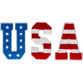 3 PCS 4.65" USA Chenille Letter Patches, Iron on Patches for Clothes Bags Backpacks Jeans. (ice Blue and red)