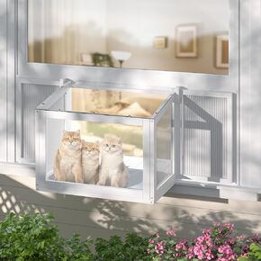 Cat Window Box, Adjustable Window Cat Perch Catio, Wooden Window Catio for Indoor Cats, 304 Iron Mesh, Fits Vertical Window Frames 26" to 42" Wide, Sunbathing, Overlooking, White