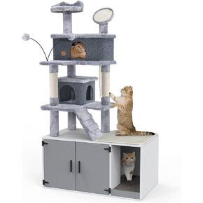 GDLF Cat Litter Box Enclosure,All-in-One Large Cat Tree with Washroom and Sisal Scratching Post & Pad 65"
