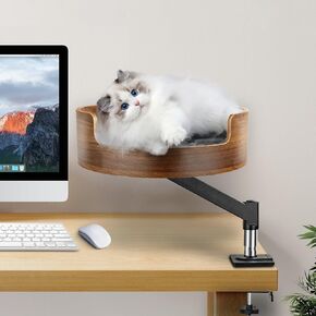 Cat Desk Bed Wood,Desk Cat Bed with 26lbs Strong Load-Bearing,Cats Bed for Desk 360° Adjustable Elevated & Thick Metal Stand,Stable and Safe,Suits Home Office and Gamer Closer to Cats-Walnut Finish