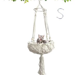 kathson Macrame Cat Hammock with Cushion,Handwoven Cats Bed,Hanging Indoor Boho Kitten Swing Beds for Playing Sleeping Climbing and Lounging(XL)