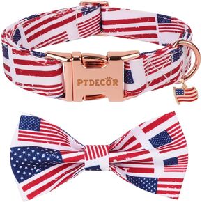 PTDECOR American Flag Dog Collar with Bow Tie, Adjustable Patriotic 4th of July Pet Collars for Small Dogs (Small)