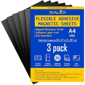 Magnetic Sheets A4 with Adhesive Backing for Crafts, DIY. 3 Strong Self Sticky Magnets 8.3" x 11.7" to Make Flexible Magnet Tapes, Strips, Squares, Sheet for School Classroom Board, Fridge, Photos