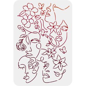 FINGERINSPIRE Abstract Floral Female Faces Stencil 11.7x8.3inch Reusable Women Face Stencil Flowers Women Pattern Decoration for Painting on Wall, Furniture, Fabric, Wood and Paper