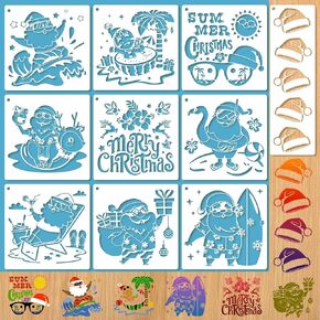 Konsait 10 PCS Summer Christmas Stencils for Painting on Wood, Reusable Summer Stencils Christmas Templates Hawaii Santa Claus Plastic Paint Stencil for Art Crafts