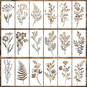 18 Pieces Wildflower Stencils for Crafts,Reusable Small Flower and Leaves Stencils for Painting on Wood Wall Paper Canvas Fabric,DIY Plant Drawing Template for Card Making Scrapbook