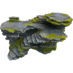 Natural Looking Aquarium Stepped Rock Ornament with Artificial Moss 12 Inches Long, Gray Slate Rock Mountain Ledge Artificial Bridge Decorative Resin Basking Rock Fish Tank Decoration