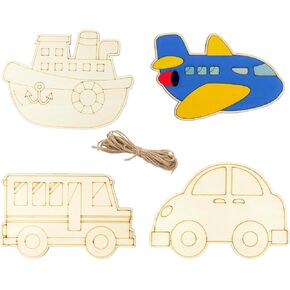 16 Pack 6 Inch Unfinished Wood Transportation Cutouts Crafts Wooden Car Bus Plane Ship Crafts Wooden Traffic Vehicles Hanging Ornaments DIY Gift Tags for Home Party Decoration Craft Project