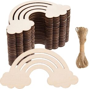 AWIZOM 48 Pcs Wood Rainbow Clouds Cutouts Unfinished Wooden Rainbow Clouds Ornaments Blank Wood Slices with 32.8 Ft Twine for DIY Craft Tags Wedding Birthday Holiday Hanging Decor,3.94x2.05 Inch