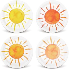 Whaline Boho Sun Paper Plates First Trip Around The Sun Dessert Dinner Plate Summer Hippie Sunshine Disposable Party Plates 7 Inch for Sunshine Baby Shower Birthday Party Supplies Table Decor, 24Pcs