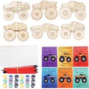 Monster Truck Party Favors, 24 PCS Monster Truck Cards with Wood Painting Crafts Kits for Kids, Truck Party Game Favors Vehicles to Paint Wooden Truck, DIY Gift for Home Party Decoration Craft Project