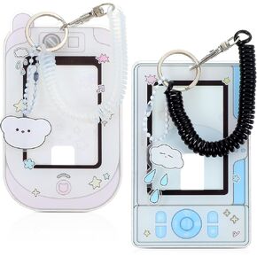 2Pcs Cartoon Photo Card Holder Kpop Photocard Holder Keychain Cute ID Badge Holder Acrylic Photocards Holder with Cloud Bear Pendant Spiral Wrist Coil