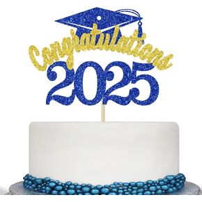 Congratulations 2025 Cake Topper, Class of 2025 Cake Decorations, Congrats Grad Party Decor, High School/College/University Graduation Party Decorations (Blue and Gold Glitter)
