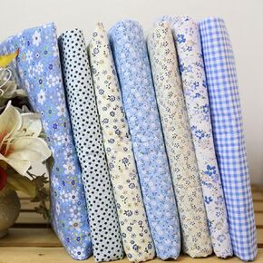 7pcs/Set 25x25cm Cotton Fabric Flower Polka Dot Bundle DIY Patchwork Quilt Cloth,Square Shape,Flower,Striped,Polka Dot Cotton Fabric,Arts,Crafts and Sewing (Blue)