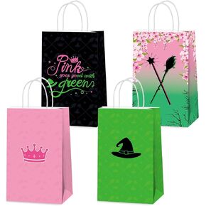 12Pcs Witch Musical Party Favor Bags Green Pink Themed Treat Bags Witch Hat Candy Goodie Bag Pink Princess Crown Paper Gift Bag with Handle for Girl Women Movie Birthday Party Decorations Supplies