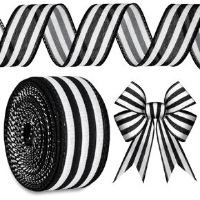 Mupera Black and White Stripe Wired Ribbon - Upgraded Striped Ribbon Boho Christmas Burlap Polyester Ribbons for Gift Wrapping Wreath and Bow Decoration, 1-1/2 inch 10 Yard