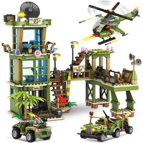 City Military Base Building Block, Compatible with Lego Military Base, Army Toy with War Helicopter, Marine Artillery Vehicle, Police Car, Gift for Kid 6 7 8 9 10 11 12 13 14 Years Old (811 Pieces)