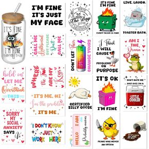 20 Sheets UV DTF Stickers - Funny Cold Transfer Wraps for DIY Crafts, Waterproof Rub On Decals for Cup, Mug, Water Bottle, Keychain, Laptop, Car, Notebook - Adult Humorous & Sarcastic Designs