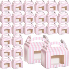 Mooliwe 50 Pcs Pink and White Striped Gable Boxes for Party Favors Bulk Party Favors Pink Small Paper Treat Goodie Box with Clear Window Handle for Baby Shower Birthday Wedding(4 x 2. 5 x 2. 5 Inch)