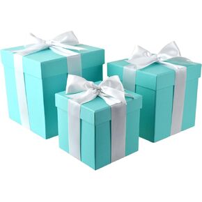 Homeford Nested Square Gift Boxes, Robin's Egg Blue, 5-inch, 6-inch, 7-inch, 3-piece, 1.5-inch White Satin Ribbon