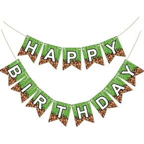 Pixel Happy Birthday Banner Miner Theme Birthday Decorations for Boy Girl