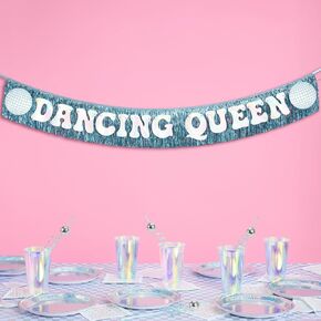 xo, Fetti Dancing Queen Fringe Banner - Iridescent & Blue Fringe, 5 Ft. | Disco Bachelorette Decorations, 70s Backdrop, Groovy Birthday Party, Boogie Bach Backdrop