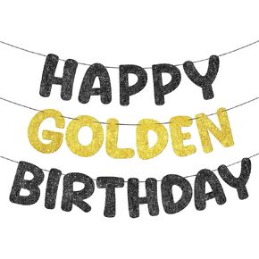 Fulmoon Pre Strung Happy Golden Birthday Banner Glitter Stay Golden Party Decorations for 5th, 21st, 24th, 25th, 28th, 30th, 50th, 60th Birthdays Sign for Men Women Boy Girls(Black,Gold)