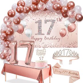 Trgowaul 17th Birthday Decorations Balloon Set girls Arch, Rose Gold 17th Birthday Banner and Party Tablecloth, Belt and Tiara, Pink Gold 17th Balloon, Pink Birthday Cake Top, Latex Balloon * 60