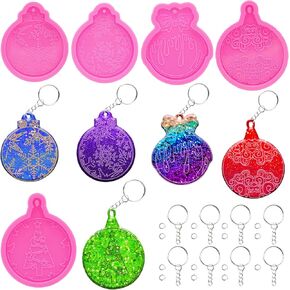 Epoxy Resin Molds 33Pcs Christmas Round Ornament Mold Kit, 3Pcs Silicone Molds for Resin Epoxy Casting Molds with Hole, Keychain and Jump Ring for DIY Christmas Tree Ornament Keychain Pendant