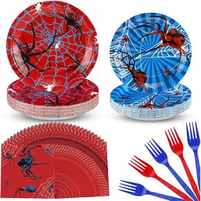 Umigy 96 Pcs Spider Birthday Party Supplies Set for 24 Guests Red Blue Spider Web Disposable Dinner Tableware Decorations Paper Plates Napkins Forks Set Halloween Birthday Party Favors