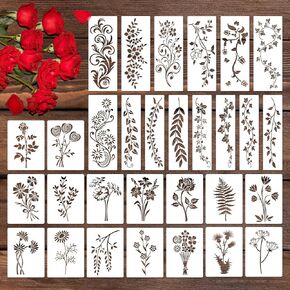 30pcs Flower Stencils, Leaf Stencil Vine Stencils PET Material Floral Stencils for Walls Reusable Flower Leaf Stencils for Painting on Walls Wood Furniture Home Decoration