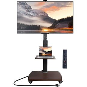 Mobile TV Stand on Wheels with Power Outlet for 32-80 Inch Flat/Curved Panel Screen TVs, Height Adjustable Rolling TV Cart with Wheels,Up to 130 lbs, Floor TV Stand, Max VESA 650x500mm (Brown)