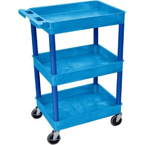 LUXOR BUSTC111BU Multipurpose Utility Tub Cart with Three Shelves Each with 2.75" Deep Walls, 300 Lbs. Capacity, Blue