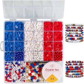Independence Day DIY Craft Clay Beads Kit - I Love USA Party Beads and Alphabet Art Craft with Stretch Bead Cord - 4th of July - USA Patriotic Clay Beads for Party Supplies Decor DIY Crafts