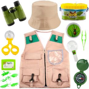 11 Pcs Kids Explorer Costume Set Child Safari Vest Hat with Explorer Safari Kit Props for Boys Girls Paleontologist Zoo Keeper Dress Up Camp Adventure Halloween Party Cosplay