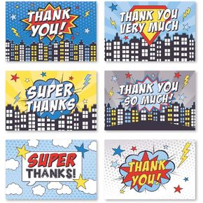 Hadley Designs 24 Superhero Thank You Cards With Envelopes, Kids Birthday Party or Adult Comic Red Blue Bam Pow Gratitude Supplies For Grad, Baby or Bridal Wedding Shower, Children Hero Stationery