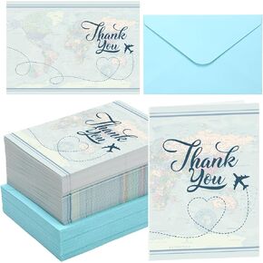 60 Set Travel Thank You Cards with Envelopes 4 x 6 Inch Spring Travel Agent Thank You Cards with Airplane Map and Adventure Design Favors for Birthday Retirement Agency(Fresh)
