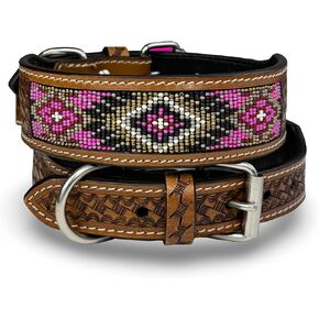 Genuine Leather Beaded Western Dog Cat Pet Collar Heavy Duty Padded Soft Adjustable Hand Tooled (M (14"-17"))