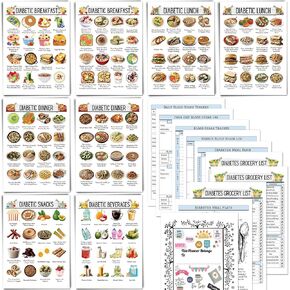 18 PCS Diabetic Food List and Meal Planner – Laminated Diabetes Meal Chart with Low Carb Food Guide, Glycemic Index Lists, Writable Trackers & Portion Control Posters – Diabetic-Friendly & Reusable