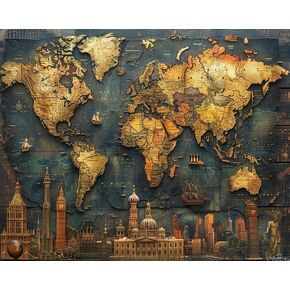 VNUIEHG World Map Paint by Numbers Kit for Adults Beginner, Retro Paint by Numbers Kit for Adults 40x50cm Canvas Art, Oil Paintings Set with Brushes and Pigment, Home Room Decor, Men Gifts