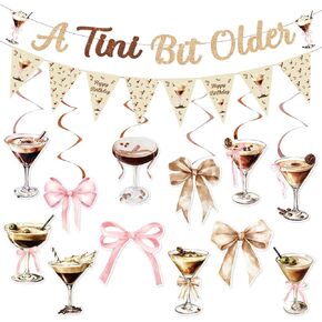 Glitter A Tini Bit Older Birthday Banner Decorations, Espresso Martini Theme Bow Hanging Swirl for Martini Birthday Bachelorette Bridal Shower Tini Bar Party Decor Supplies