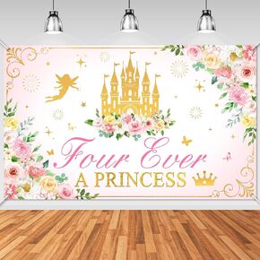 Avezano Four Ever a Princess Birthday 4 ever a Princess Birthday Party Decorations for Girls Fairy Castle 4 Years Old Bday Party Backdrop (6x3.6 ft)