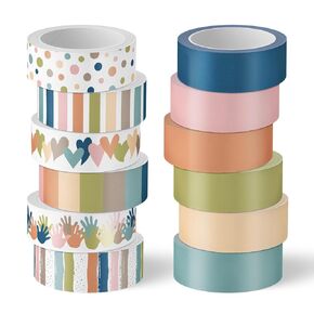 12 Rolls Boho Washi Tape Heart Hand Polka Dots Decorative Masking Tape Boho Colors Gift Wrapping Paper Tape for Scrapbook Journal DIY Art Crafts