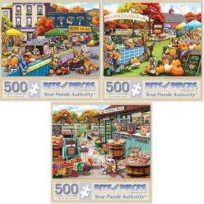 Bits and Pieces – Value Set of Three 500 Piece Jigsaw Puzzles for Adults – Harvest Flea Market, Pumpkin Festival, Visiting The Cider Mill Artist Nancy Wernersbach, Completed Puzzle Size: 18" x 24"