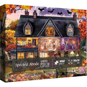 Horror Halloween Holiday Puzzle 1000 Piece for Adults, Fall Haunted House Jigsaw Puzzle, Scary Pumpkin Cat Skull Puzzle