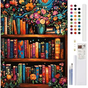 lamplig Books Paint by Numbers Kit for Adults Beginner- Bookshelf with Flowers Adult Paint by Number Kits, Cheerful Painting by Numbers on Canvas for Birthday Gifts Women Men, 16x20in