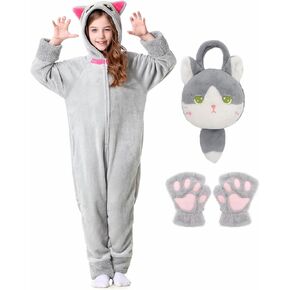 Resiwai Cat Costume for Girls and Boys, Animal Onesie Costumes with Bag and Cat Paws, Halloween Kitty Costume for Kids